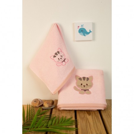 Σετ Βρεφικές Πετσέτες 2 Τεμαχίων Dimcol Kitty 136 Ροζ 30x50 και 70x140