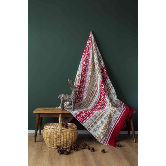 F&L 150Χ200 Χριστ/Κη Κουβερτα Χιονονυφαδες Ελαφακια...